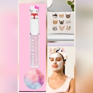 Hello Kitty Lip Gloss Cat Spa Headband & Cute Cat the Makeup Bag 3 Pc Bundle